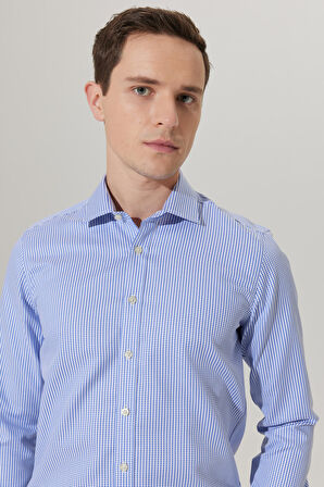 Erkek Beyaz-mavi Ütü Gerektirmeyen Taılored Slim Fit Klasik Yaka %100 Pamuk Desenli Non-ıron Gömlek