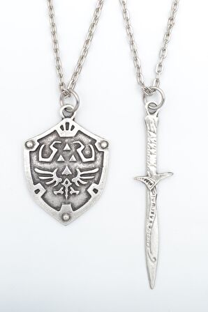 2'li The Legend Of Zelda Kalkan - Kılıç Erkek Kadın Kolye Seti 925 Ayar Gümüş Kaplama
