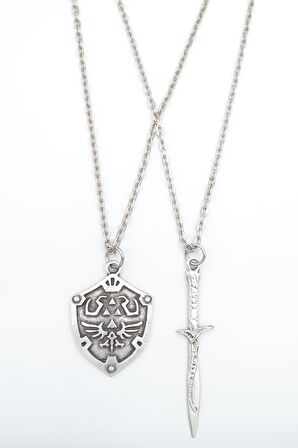 2'li The Legend Of Zelda Kalkan - Kılıç Erkek Kadın Kolye Seti 925 Ayar Gümüş Kaplama