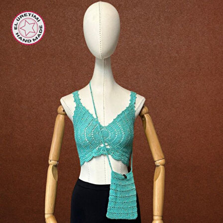 Uretti - Talia 8659 3314 El Örgüsü Payetli Koton İp Çanta ve Crop Set - XS / S