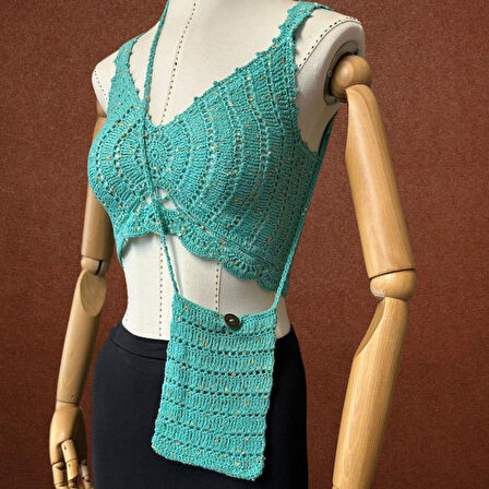 Uretti - Talia 8659 3314 El Örgüsü Payetli Koton İp Çanta ve Crop Set - XS / S