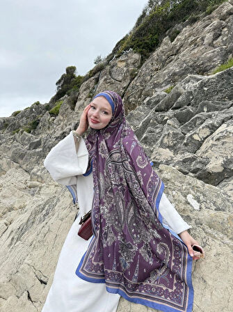 Kamer Scarf Timeless Wieve Serisi Etnik Desen Şal Mürdüm-Mavi