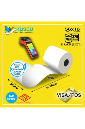 320 Adet 56x16 TSE Belgeli - 1. Kalite - BPA İçermeyen - Visa,Pos,Yazar Kasa