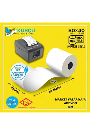 100 Adet 80x40 TSE Belgeli - 1. Kalite - BPA İçermeyen - Pos,Adisyon,Yazar Kasa,Bilgi Fişi,IBM