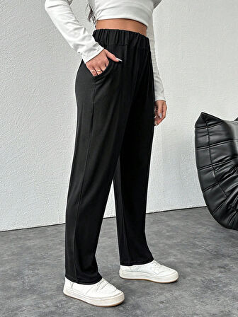 Kadın Büyük Beden Viskon Kumaş Lıkralı Cepli Yüksek Bel Eşofman Altı