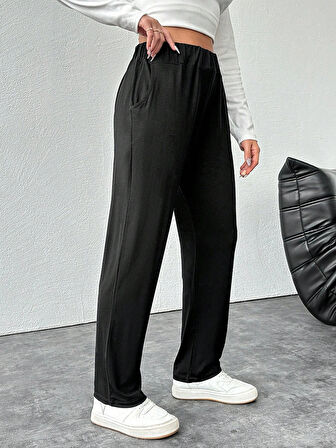 Kadın Büyük Beden Viskon Kumaş Lıkralı Cepli Yüksek Bel Eşofman Altı