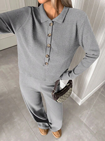Kadın Uzun Kollu Yaka Düğmeli Yüksek Bel İkili Takım