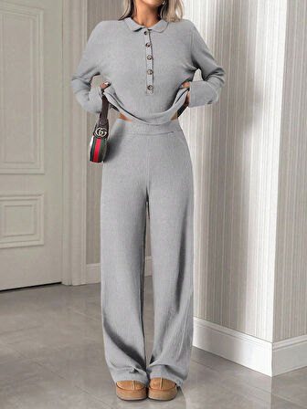 Kadın Uzun Kollu Yaka Düğmeli Yüksek Bel İkili Takım