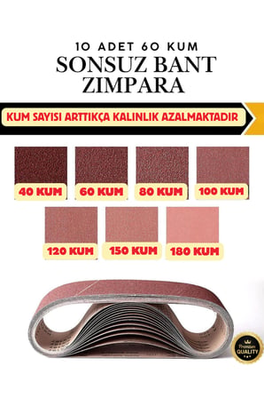 10 Adet Sonsuz Bant Zımpara Kağıdı 75x533 mm - 60 Kum Tank Palet Zımpara Dayanıklı Alüminyum Oksit X-Bez Tabakalı Ahşap ve Metal Zımparalama, Pas Giderme ve Çapak Alma Zımpara Bandı Seti