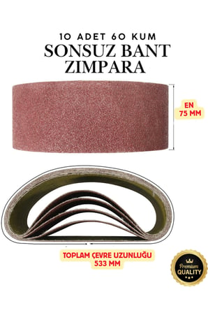 10 Adet Sonsuz Bant Zımpara Kağıdı 75x533 mm - 60 Kum Tank Palet Zımpara Dayanıklı Alüminyum Oksit X-Bez Tabakalı Ahşap ve Metal Zımparalama, Pas Giderme ve Çapak Alma Zımpara Bandı Seti