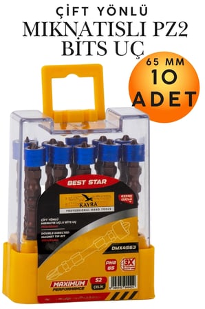 10 Adet Çift Yönlü Mıknatıslı Bits Uç Seti Pz2 65 mm - S2 Çelik Ekstra Dayanıklı Manyetik Şarjlı Matkap Yıldız Vidalama Ucu Uyumlu Profesyonel Sanayi Tipi Darbeli Vida Montaj Aparatları