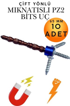 10 Adet Çift Yönlü Mıknatıslı Bits Uç Seti Pz2 65 mm - S2 Çelik Ekstra Dayanıklı Manyetik Şarjlı Matkap Yıldız Vidalama Ucu Uyumlu Profesyonel Sanayi Tipi Darbeli Vida Montaj Aparatları