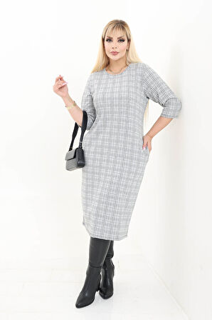 Çift Cepli Desenli Esnek Kışlık Büyük Beden Midi Elbise 10C-2735