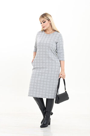 Çift Cepli Desenli Esnek Kışlık Büyük Beden Midi Elbise 10C-2735