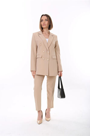 Kadın Düğmeli Blazer Ceket Kemerli Pantolon Dokuma Atlas Kumaş Takım Elbise