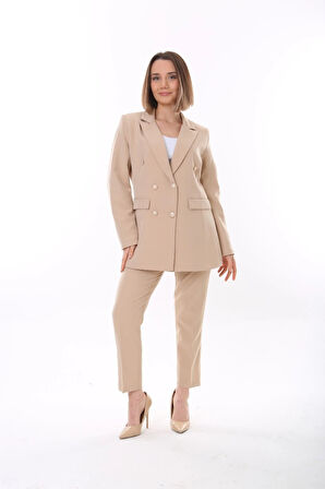 Kadın Düğmeli Blazer Ceket Kemerli Pantolon Dokuma Atlas Kumaş Takım Elbise