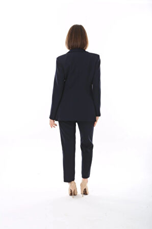 Kadın Düğmeli Blazer Ceket Kemerli Pantolon Dokuma Atlas Kumaş Takım Elbise