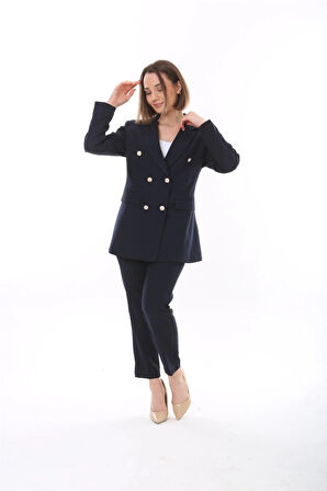 Kadın Düğmeli Blazer Ceket Kemerli Pantolon Dokuma Atlas Kumaş Takım Elbise