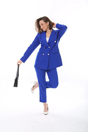 Kadın Düğmeli Blazer Ceket Kemerli Pantolon Dokuma Atlas Kumaş Takım Elbise