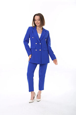 Kadın Düğmeli Blazer Ceket Kemerli Pantolon Dokuma Atlas Kumaş Takım Elbise