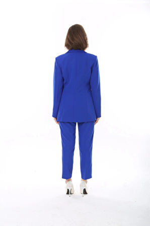 Kadın Düğmeli Blazer Ceket Kemerli Pantolon Dokuma Atlas Kumaş Takım Elbise