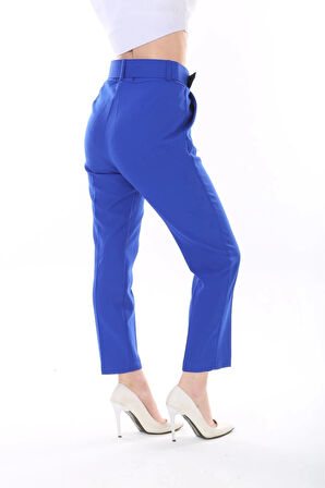 Kadın Düğmeli Blazer Ceket Kemerli Pantolon Dokuma Atlas Kumaş Takım Elbise