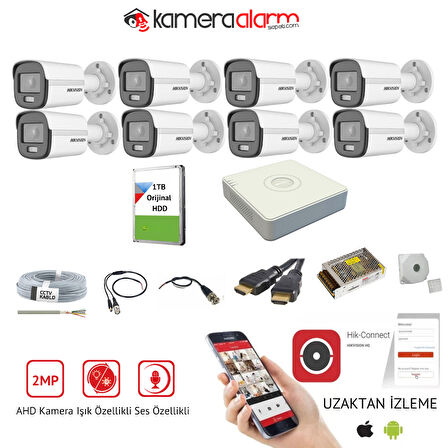 HİKVİSİON 8 KAMERALI MİKROFONLU 7/24 RENKLİ GÖRÜŞLÜ 2MP AHD GÜVENLİK KAMERASI