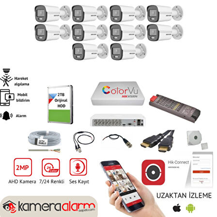 HIKVISION 10 Kameralı, Gece Gündüz Renkli Görüşlü, Ses Kayıtlı AHD Güvenlik Kamerası