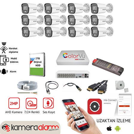 HIKVISION 12 Kameralı, Gece Gündüz Renkli Görüşlü, Ses Kayıtlı AHD Güvenlik Kamerası