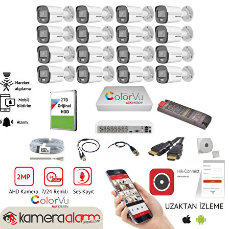 HIKVISION 16 Kameralı, Gece Gündüz Renkli Görüşlü, Ses Kayıtlı AHD Güvenlik Kamerası