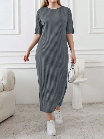 Kadın Büyük Beden Kısa Kollu Yırtmaç Detaylı Kaşkorse Elbise