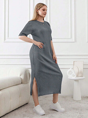 Kadın Büyük Beden Kısa Kollu Yırtmaç Detaylı Kaşkorse Elbise