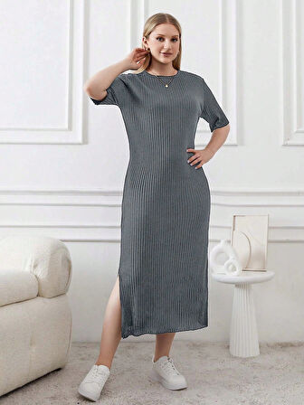 Kadın Büyük Beden Kısa Kollu Yırtmaç Detaylı Kaşkorse Elbise