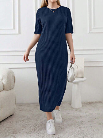 Kadın Büyük Beden Kısa Kollu Yırtmaç Detaylı Kaşkorse Elbise