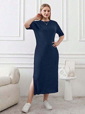 Kadın Büyük Beden Kısa Kollu Yırtmaç Detaylı Kaşkorse Elbise