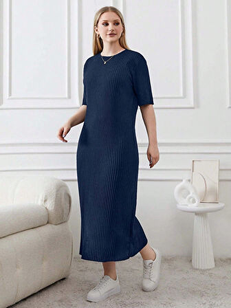 Kadın Büyük Beden Kısa Kollu Yırtmaç Detaylı Kaşkorse Elbise