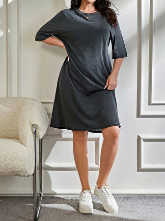 Kadın Büyük Beden Kısa Kollu Yırtmaç Detaylı Kaşkorse Elbise