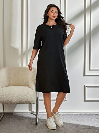 Kadın Büyük Beden Kısa Kollu Yırtmaç Detaylı Kaşkorse Elbise