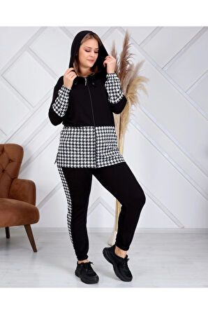 Kadın Siyah Kazayağı Desenli Büyük Beden Eşofman Takımı