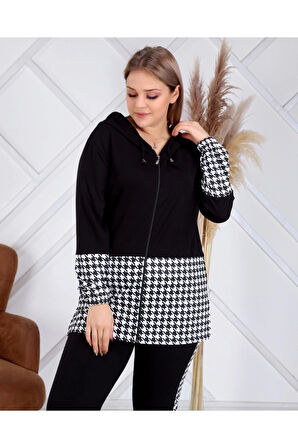 Kadın Siyah Kazayağı Desenli Büyük Beden Eşofman Takımı