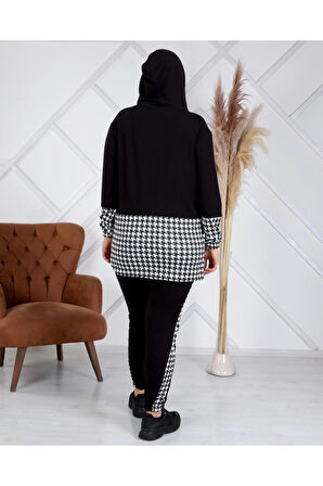 Kadın Siyah Kazayağı Desenli Büyük Beden Eşofman Takımı