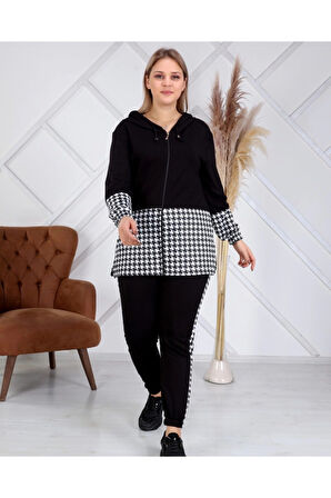 Kadın Siyah Kazayağı Desenli Büyük Beden Eşofman Takımı
