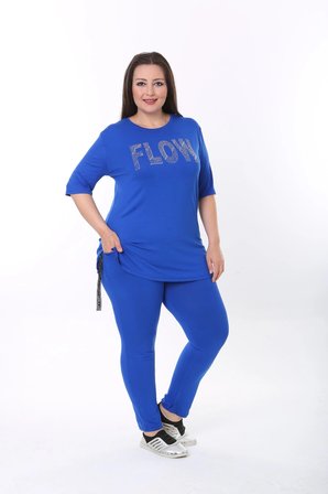 Kadın Mavi Yazlık Viskon Flow Taşlı Eşofman Takımı