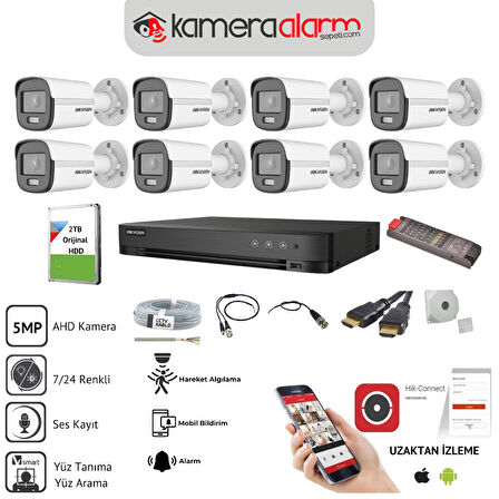 HIKVISION 8 Kameralı, Gece Gündüz Renkli Görüşlü, Ses Kayıtlı AHD Güvenlik Kamerası