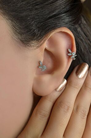 Yapraklı Tragus Piercing Heliz Kıkırdak Gümüş Renk