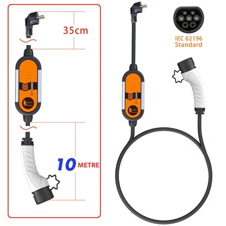 Feyree 10 Metre Ev Prizi 3.5 Kw Elektrikli Araç Taşınabilir Şarj Cihazı Tip-2 Mod 2
