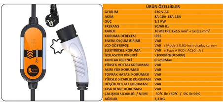 Feyree 10 Metre Ev Prizi 3.5 Kw Elektrikli Araç Taşınabilir Şarj Cihazı Tip-2 Mod 2