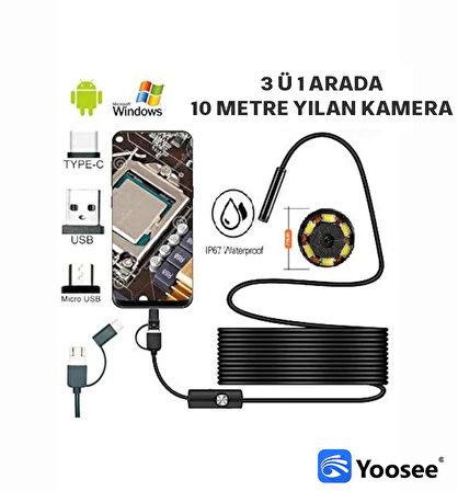 Yoosee 10MT Çift Lens ve Işıklı USB Girişli Çift Kameralı Endeskop Boroskop Yılan Kamera