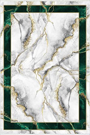 Mermer Desenli Yeşil Yıkanabilir Kesme Halı Kaymaz Yolluk Kilim Koridor İnce