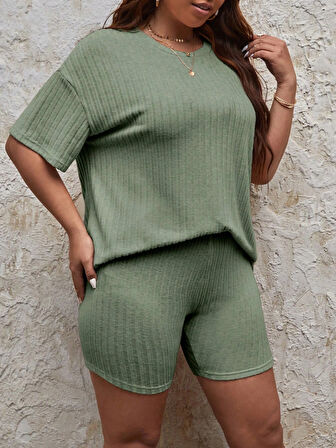 Kadın Büyük Beden Kısa Kollu Şortlu Bisiklet Yaka Ev Giyim Pijama Takım